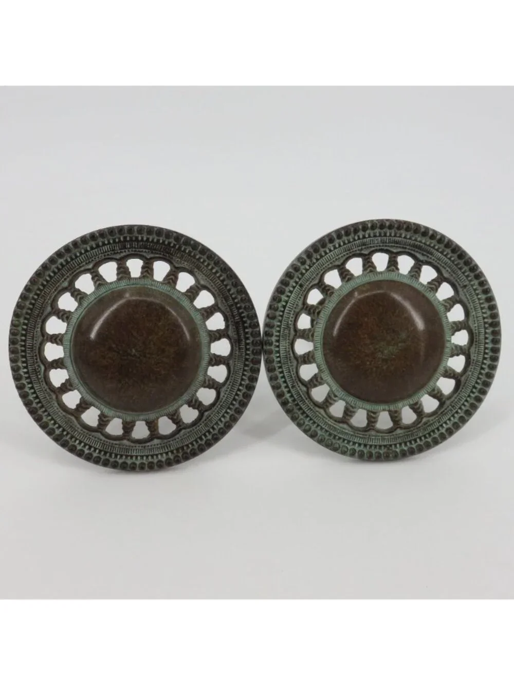 VTG Set of 2 Metal Patina Round Ornate Medallion Curtain Tiebacks Holdbacks